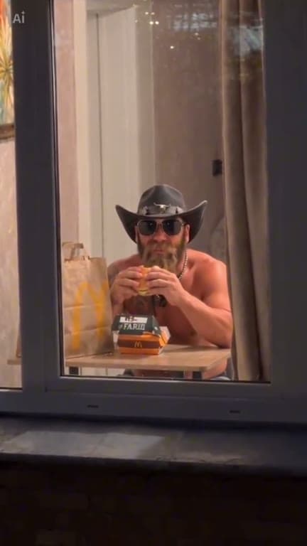 A person eats a burger near a window during the night.